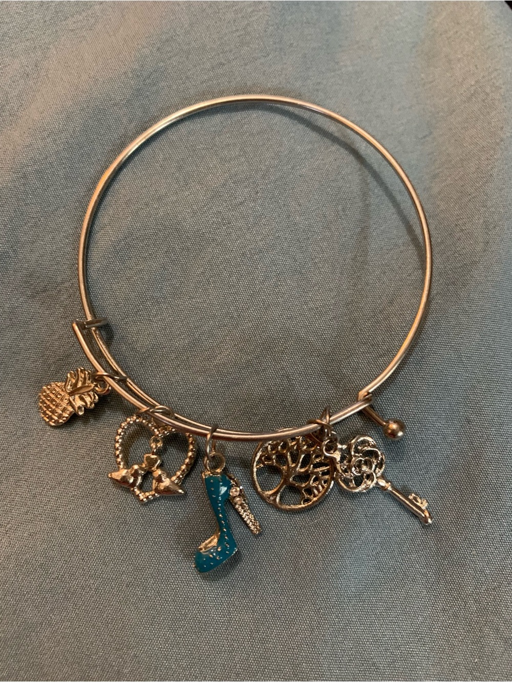 Silver Charm Bangle Bracelet with Shoe, Pineapple, Heart, Key, Tree Charms